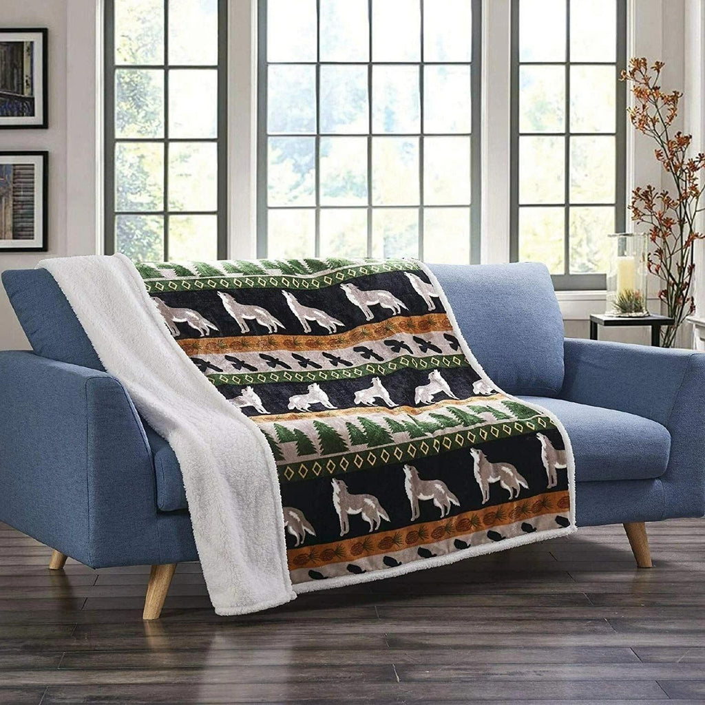 Cozy Wildlife Wolf & Hawk Flannel Throw Blanket with Plush Sherpa Backing (50" x 60")