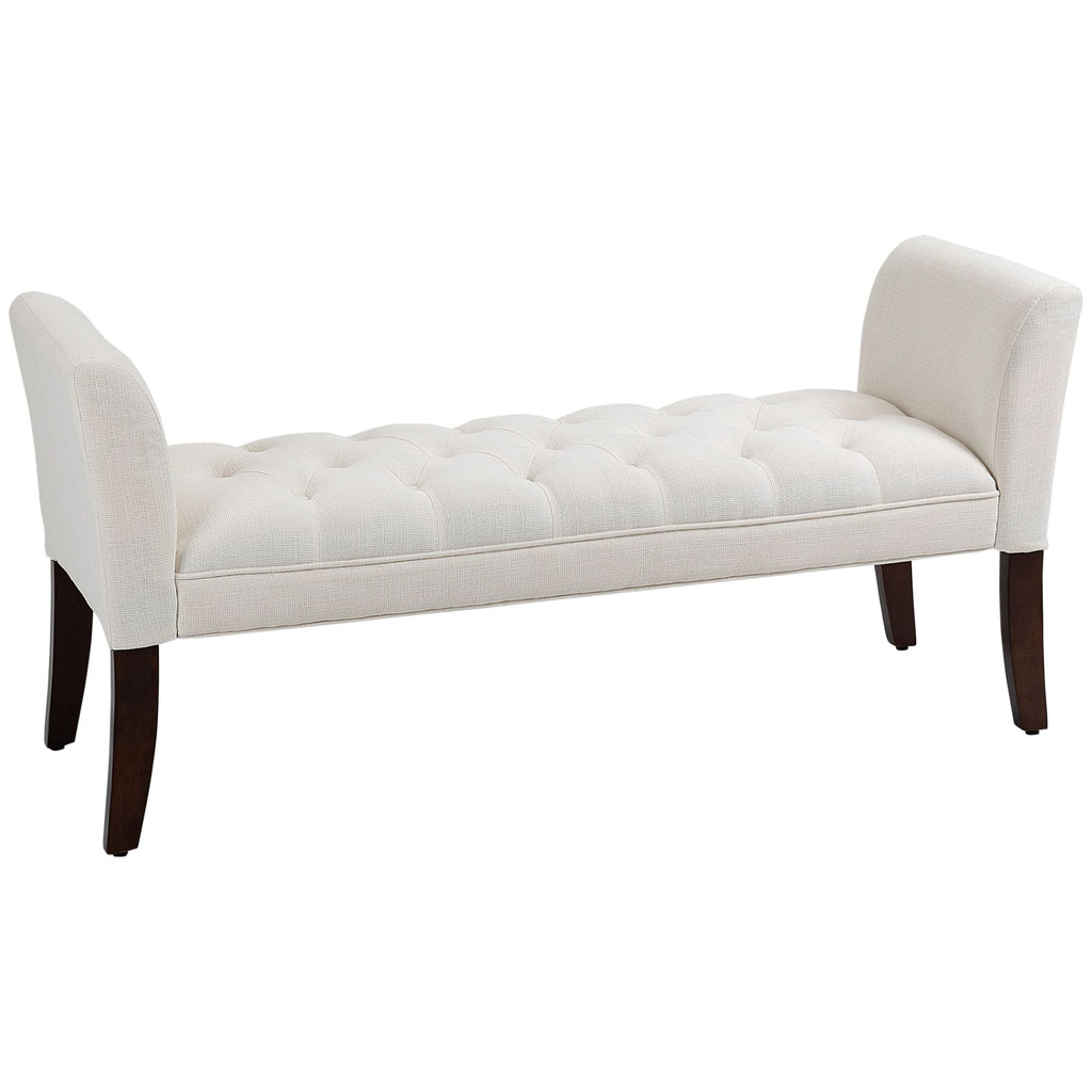 Cream White Bedroom Bench Button Tufted Upholstered with Arms Solid Wood Legs End of Bed Seating