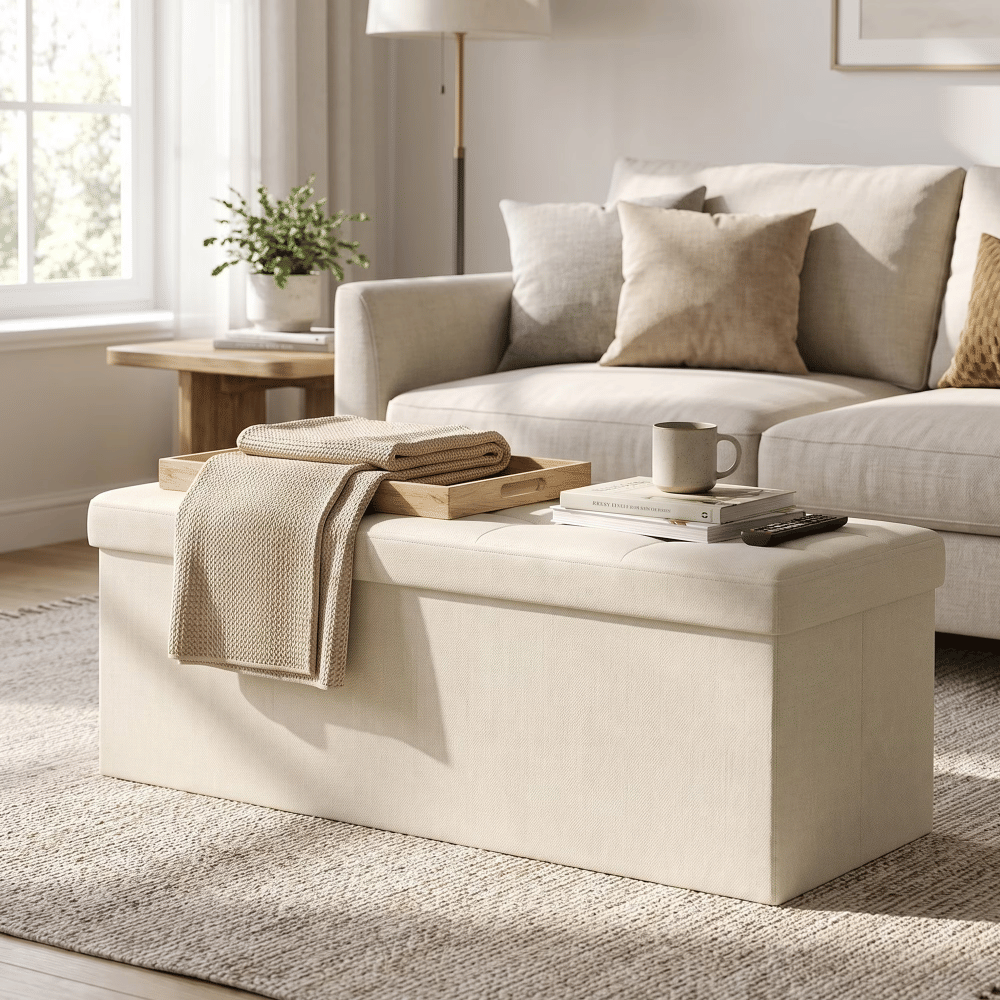 Cream White FoldingStorageOttoman Bench with 660lb Capacity, Ottoman withStorage, Footrest