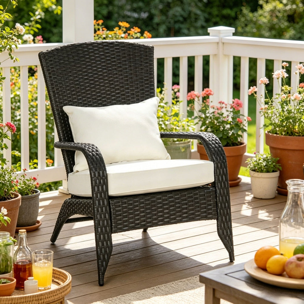 Cream White Outdoor All-Weather Rattan Fire Pit Chair with Soft Cushions Tall Curved Backrest for Garden Patio Furniture