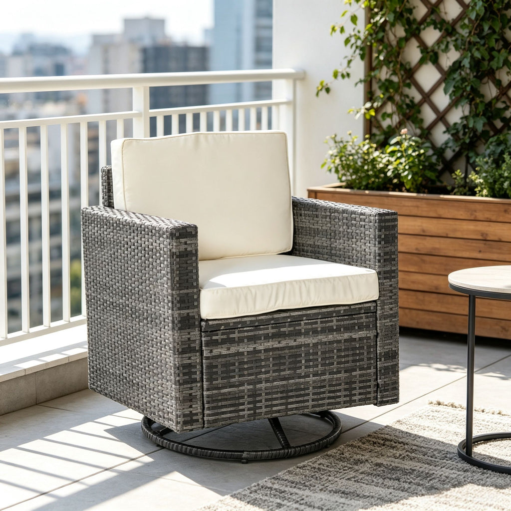 Cream White PE Wicker Outdoor Swivel Rocker 360 Patio Glider Chair for Porch, Backyard, Deck