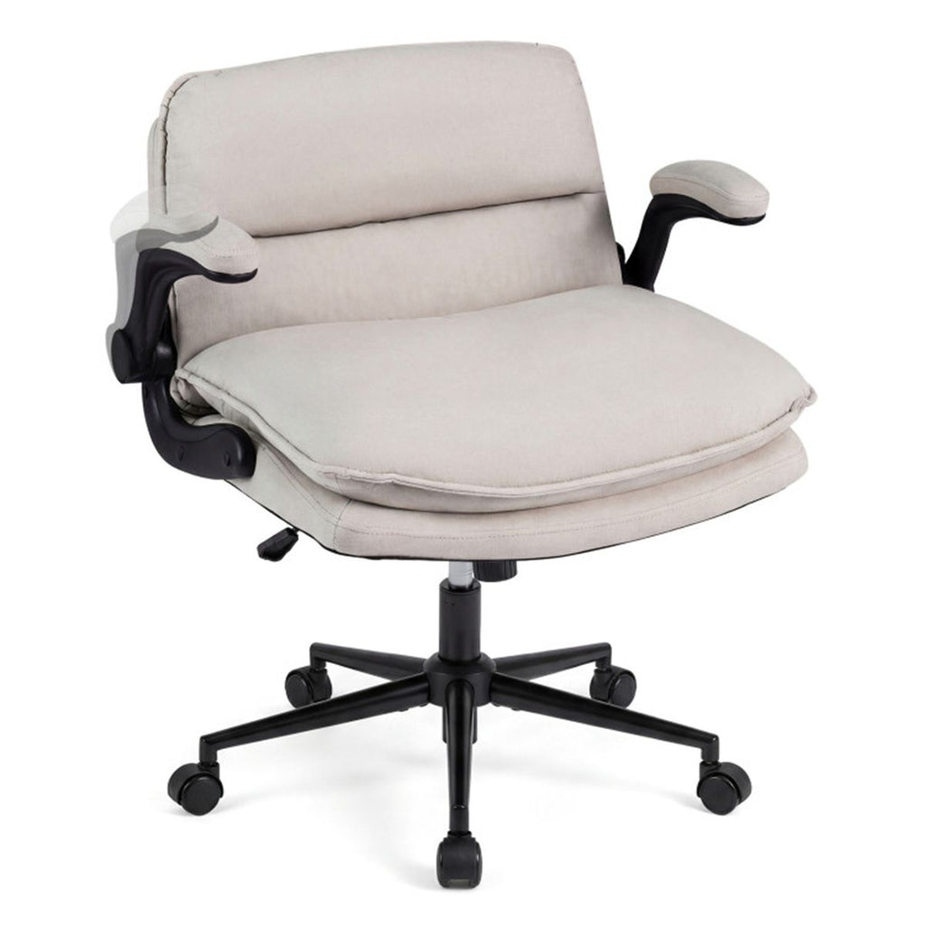 Criss Cross Chair with Flip-Up Arms, Faux Leather Cross Legged Office Chair with Adjustable Height & Rocking Function -Beige