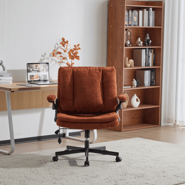 Criss Cross Legged Office Chair with Flip-Up Back Built-In Dynamic Airbag Lumbar Support, Wide Seat Desk Chair with Flip-Up Arms and Wheels, Modern Cross-Leg Chair for Home Office, Vanity, Orange