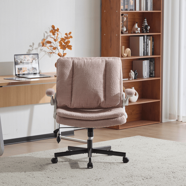 Criss Cross Legged Office Chair with Flip-Up Back Built-In Dynamic Airbag Lumbar Support, Wide Seat Desk Chair with Flip-Up Arms and Wheels, Modern Cross-Leg Chair for Home Office, Vanity, Pink
