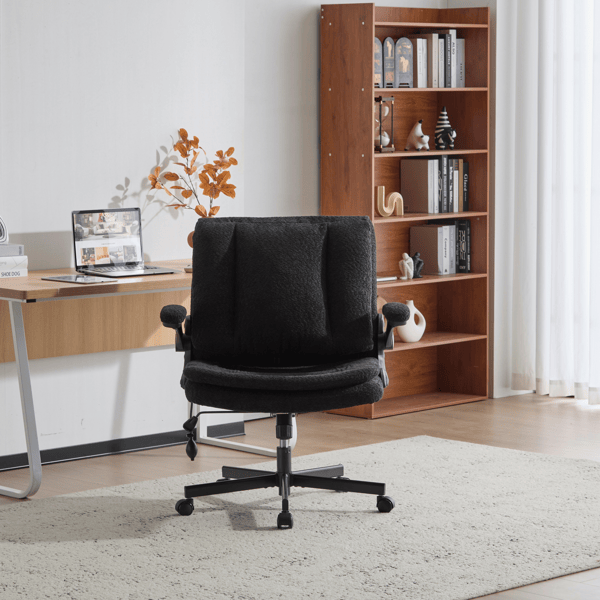 Criss Cross Legged Office Chair with Flip-Up Back Built-In Dynamic Airbag Lumbar Support, Wide Seat Desk Chair with Flip-Up Arms and Wheels, Modern Cross-Leg Chair for Home Office, Vanity, Black