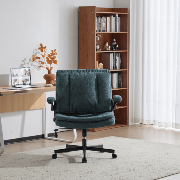 Criss Cross Legged Office Chair with Flip-Up Back Built-In Dynamic Airbag Lumbar Support, Wide Seat Desk Chair with Flip-Up Arms and Wheels, Modern Cross-Leg Chair for Home Office, Vanity, Dark Green