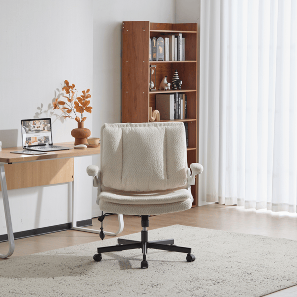 Criss Cross Legged Office Chair with Flip-Up Back Built-In Dynamic Airbag Lumbar Support, Wide Seat Desk Chair with Flip-Up Arms and Wheels, Modern Cross-Leg Chair for Home Office, Vanity, Beige