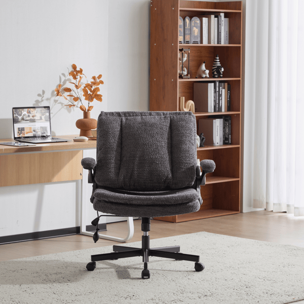Criss Cross Legged Office Chair with Flip-Up Back Built-In Dynamic Airbag Lumbar Support, Wide Seat Desk Chair with Flip-Up Arms and Wheels, Modern Cross-Leg Chair for Home Office, Vanity, GRAY