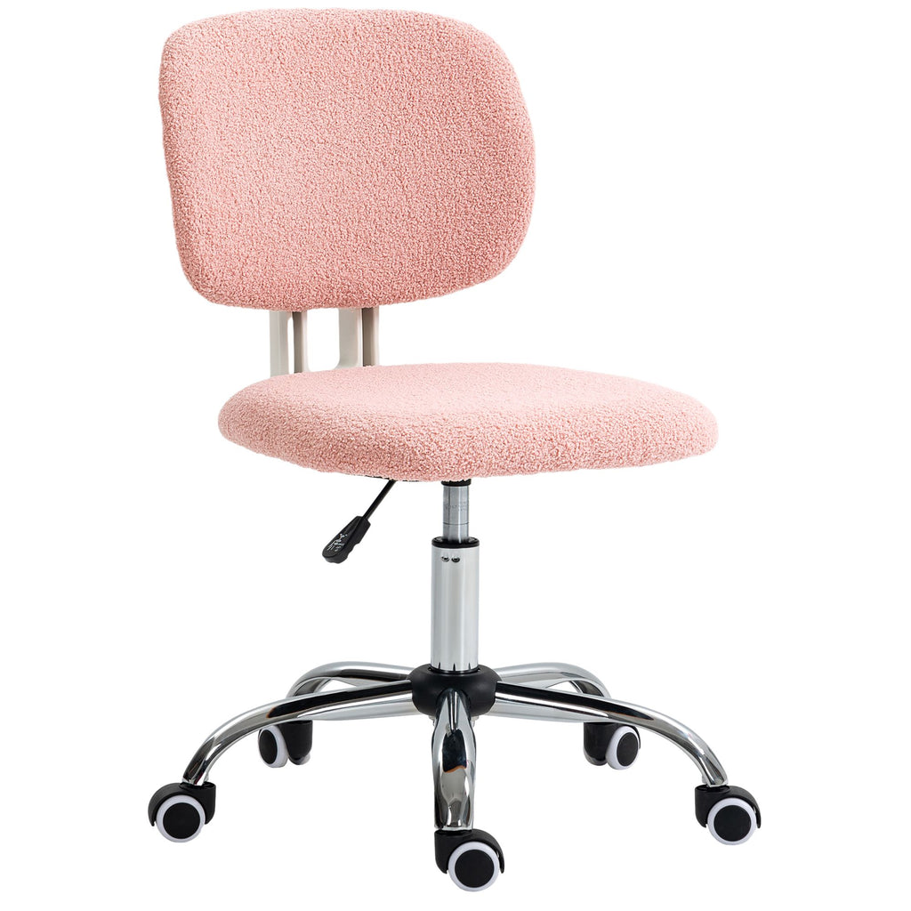Cute Armless Office Chair, Teddy Fleece Fabric Computer Desk Chair, Vanity Task Chair with Adjustable Height, Swivel Wheels, Mid Back, Pink