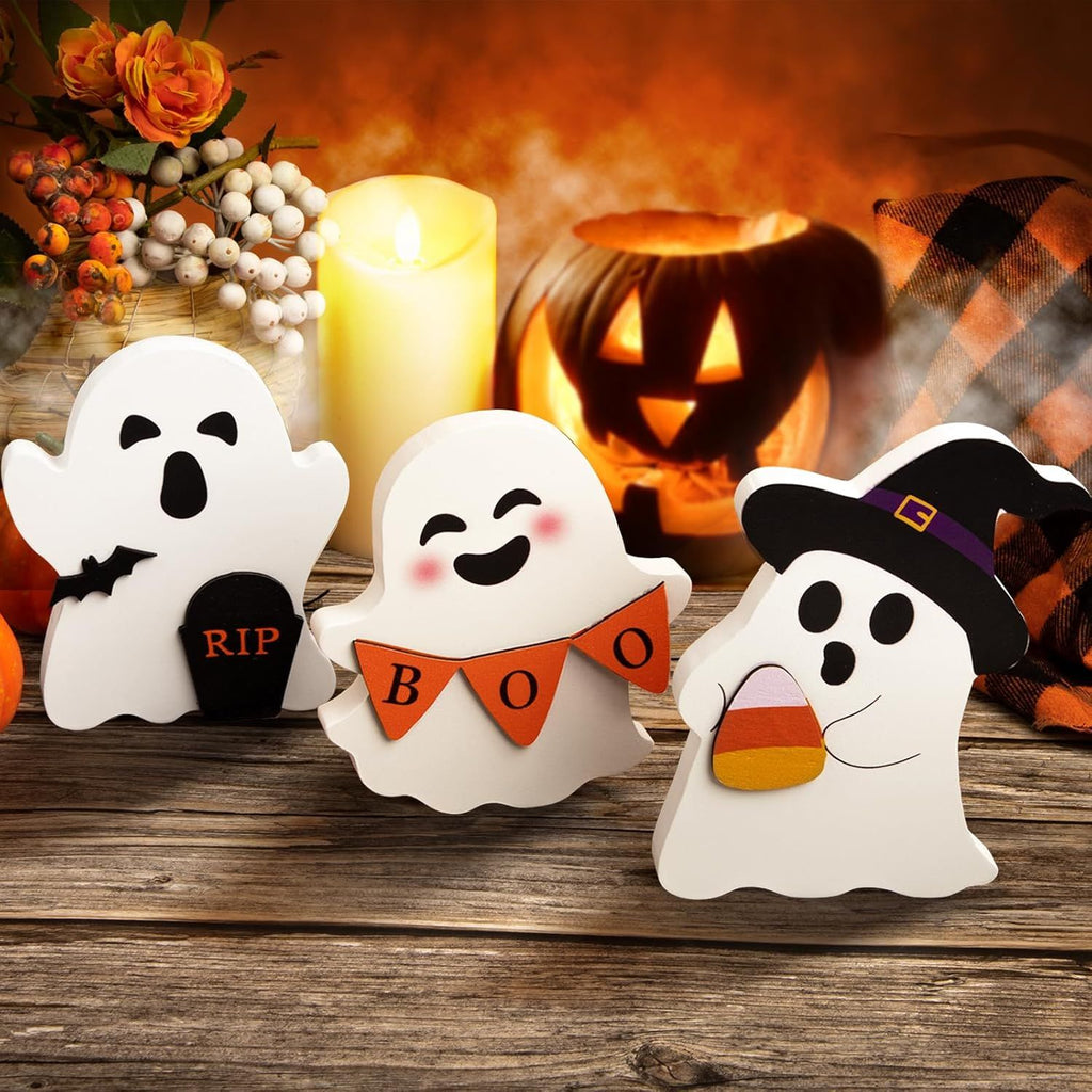 Cute Ghost Halloween Decorations Indoor, Wooden Tiered Tray Decor Table Sign Set of 3, Black Cat Bat Witch Broom Signs Pumpkin Blocks for Party Home Shelf Display