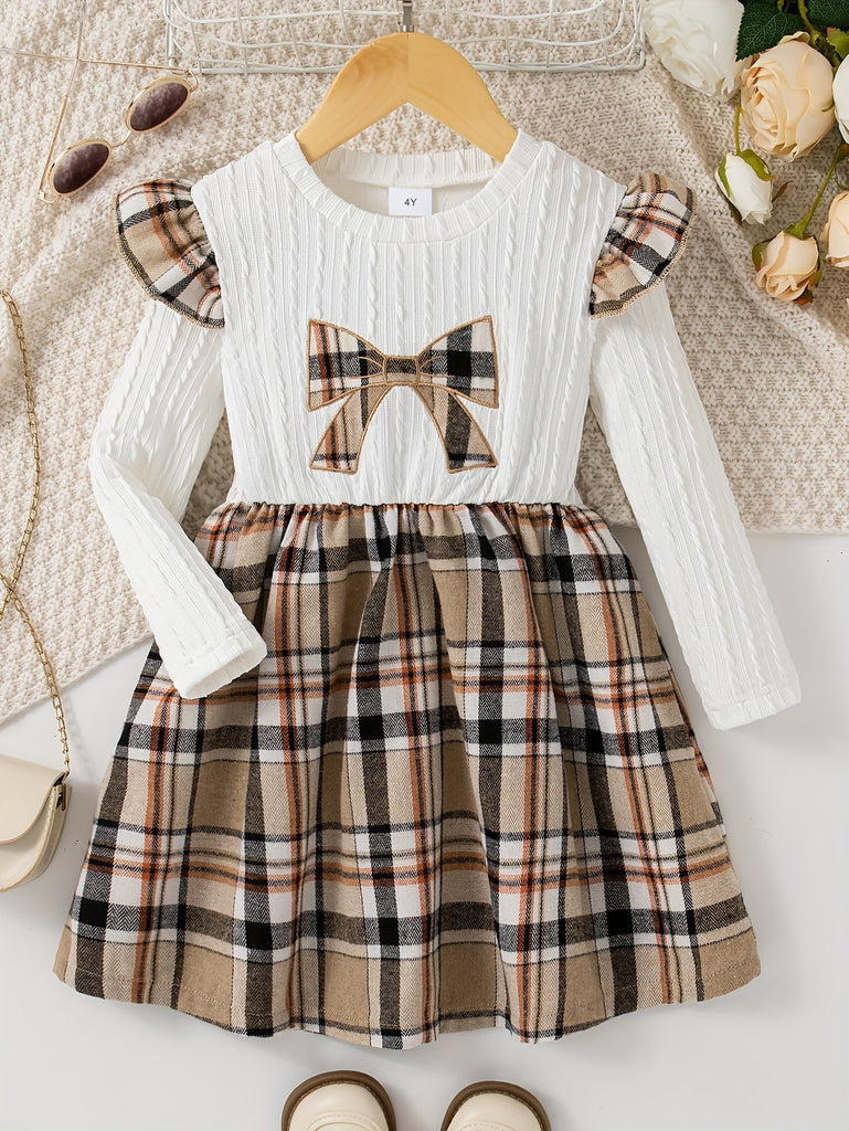 Girls Cute Plaid Embroidered Bow Pattern Round Neck Long Sleeve Dress For Daily Casual Going Out, Spring Fall