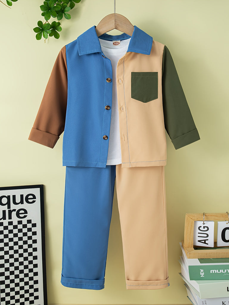 2pcs Boys Casual Color Block Long Sleeve Button Down Lapel Shirt & Pants Set, Comfy Boys Clothing