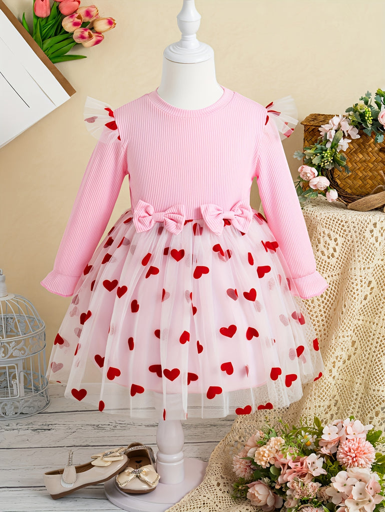 Girls Sweet Hearts Dots Mesh Long Sleeve Dress & Bows Decor, Cute Fashion A-line Dresses For Spring Fall Party