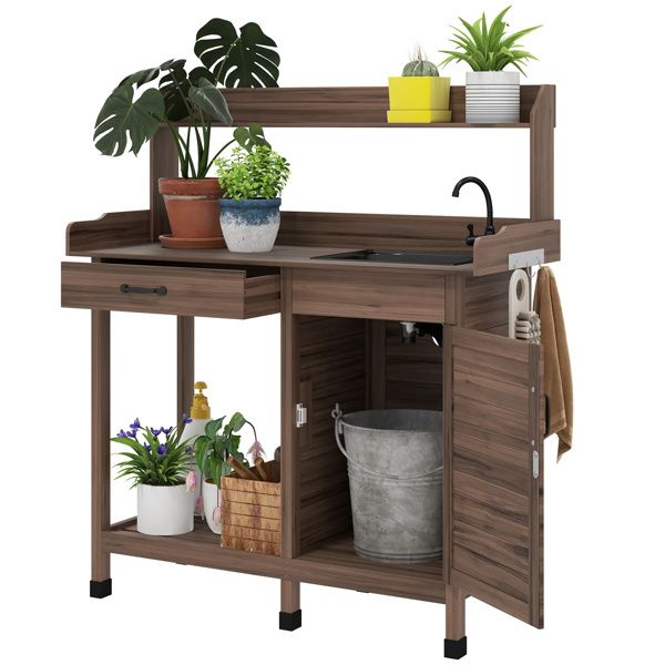 Dark Brown Outdoor Potting Bench with Storage Cabinet,Sink and Faucet ,Hooks