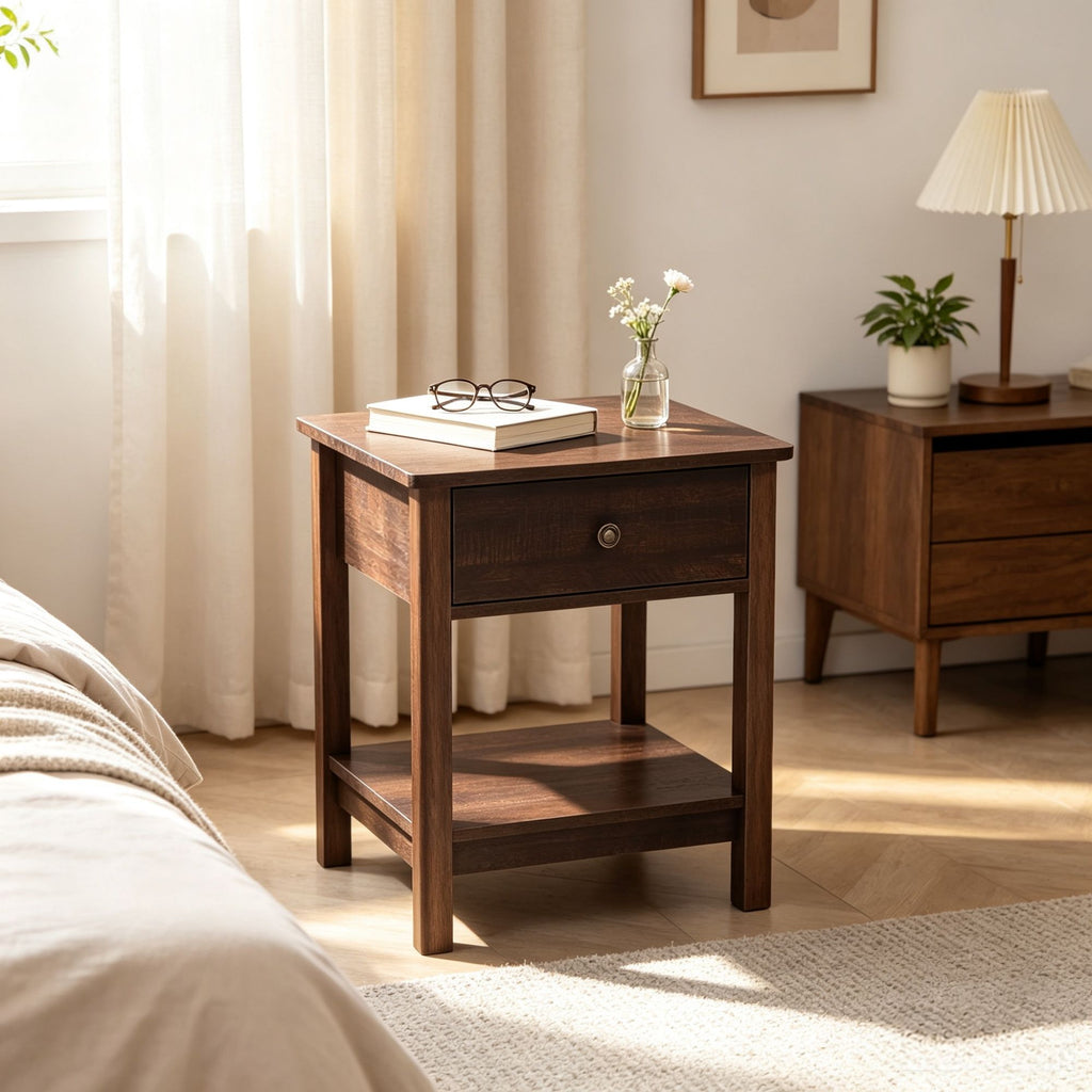 Dark Brown Set of 2 End Tables Side Table with Drawer, Top and Bottom Shelf for Small Spaces
