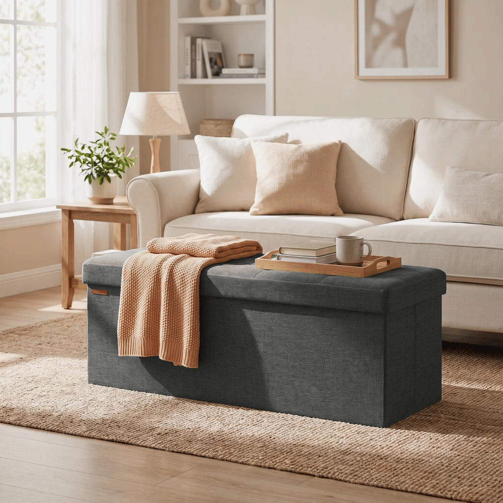 Dark Gray FoldableStorageOttoman Bench with 660lb Capacity, Multi-Functional FootrestandSeat