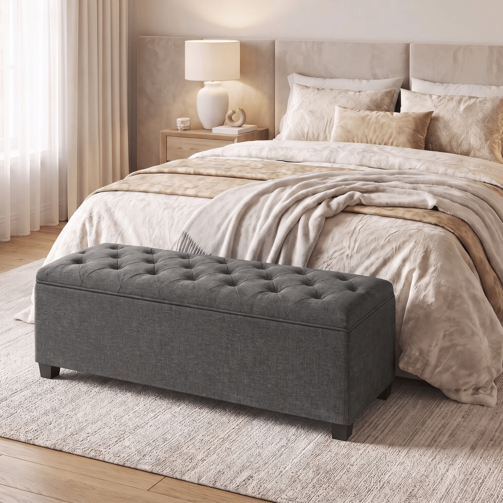 Dark Gray TuftedStorageOttoman Bench, 43" EndofBed Bench with Lift-Off Lid, 660lb Capacity