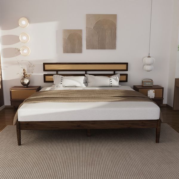 Dark walnut wood painted finish + rattan and pine wood double headboard King size bed, Bohemian style