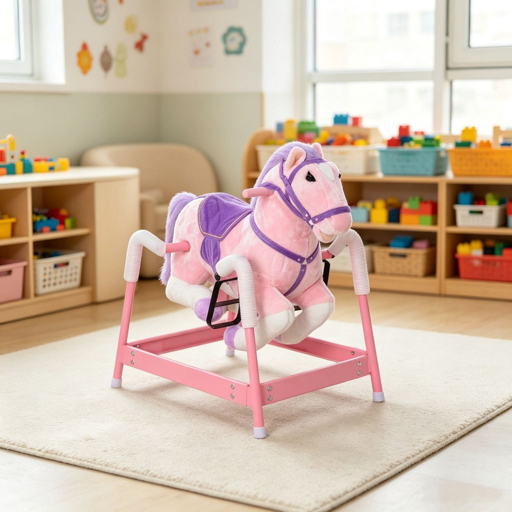 ddler Pink Spring Ride-On Horse Plush Rocking Horse with Sounds & Foot Stirrups, for Kids 3-8Years