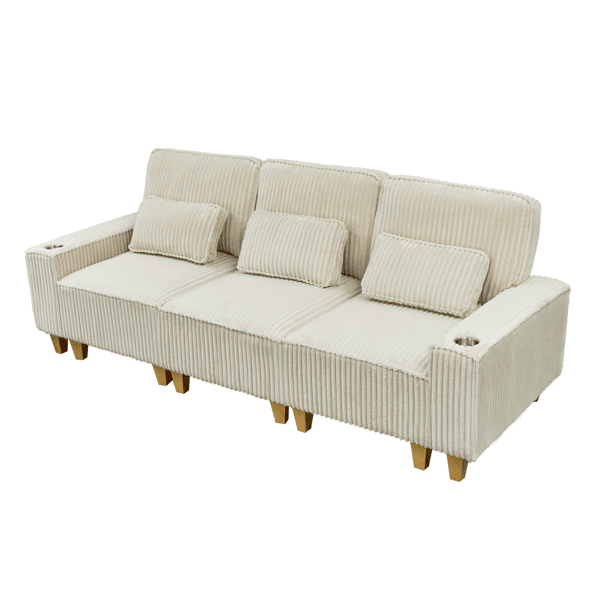 Deep Seat 3-Seater Corduroy Sofa with Brushed Stainless Steel Cup Holders and 3 Decorative Pillows, Modern Comfort Couch for Living Room