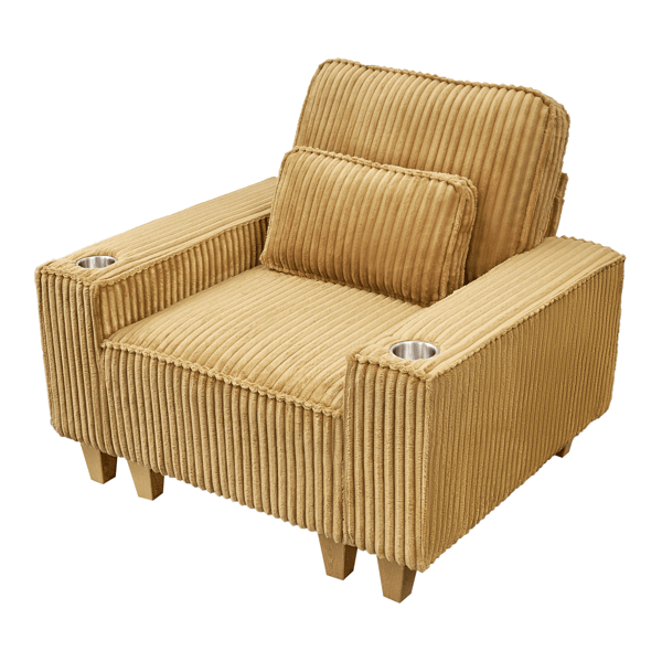 Deep Seat Corduroy Armchair with Brushed Stainless Steel Cup Holder and Decorative Pillow, Cozy Accent Chair for Living Room