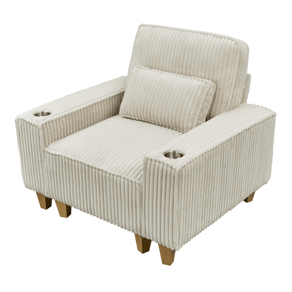 Deep Seat Corduroy Armchair with Brushed Stainless Steel Cup Holder and Decorative Pillow, Cozy Accent Chair for Living Room