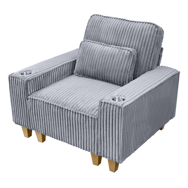 Deep Seat Corduroy Armchair with Brushed Stainless Steel Cup Holder and Decorative Pillow, Cozy Accent Chair for Living Room