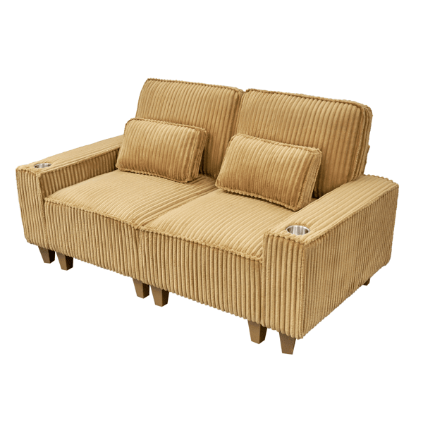 Deep Seat Corduroy Loveseat with Brushed Stainless Steel Cup Holders and 2 Decorative Pillows, Cozy 2-Seater Sofa for Living Room