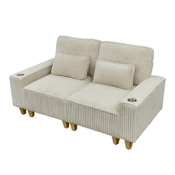 Deep Seat Corduroy Loveseat with Brushed Stainless Steel Cup Holders and 2 Decorative Pillows, Cozy 2-Seater Sofa for Living Room