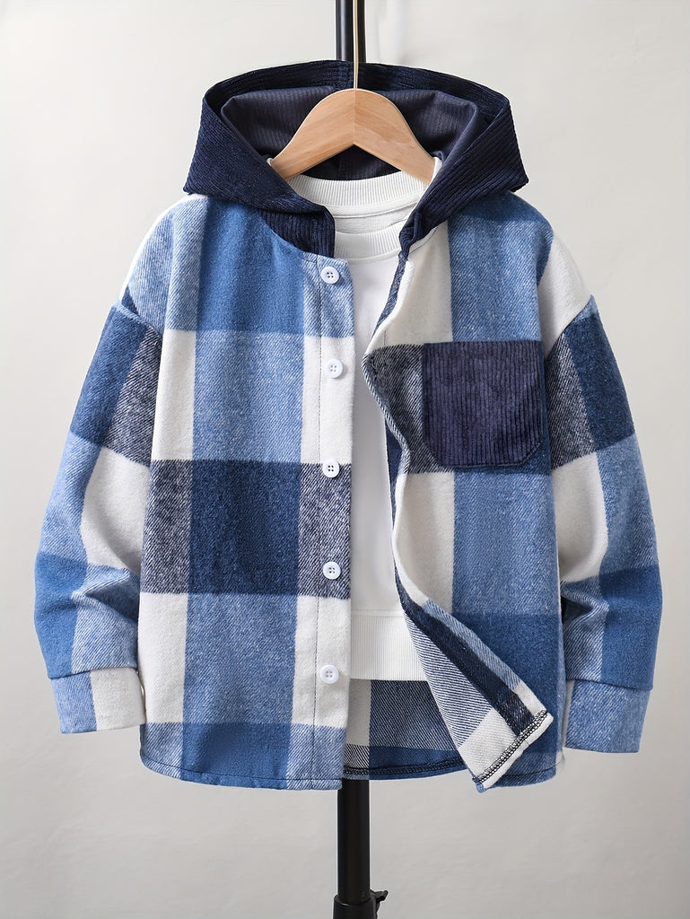 Boy's Classic Plaid Hooded Shirt, Long Sleeve Preppy Comfy Stylish Top For Spring Fall