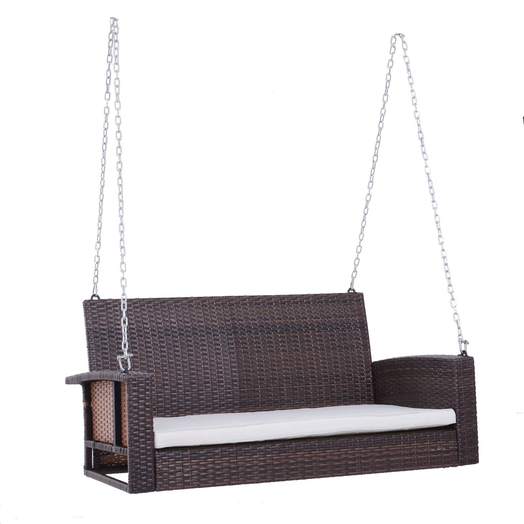 Deluxe Porch Swing Bench Wicker Hanging 2-Person Outdoor Seating with Plush Cushions Durable 550lbs Cream White