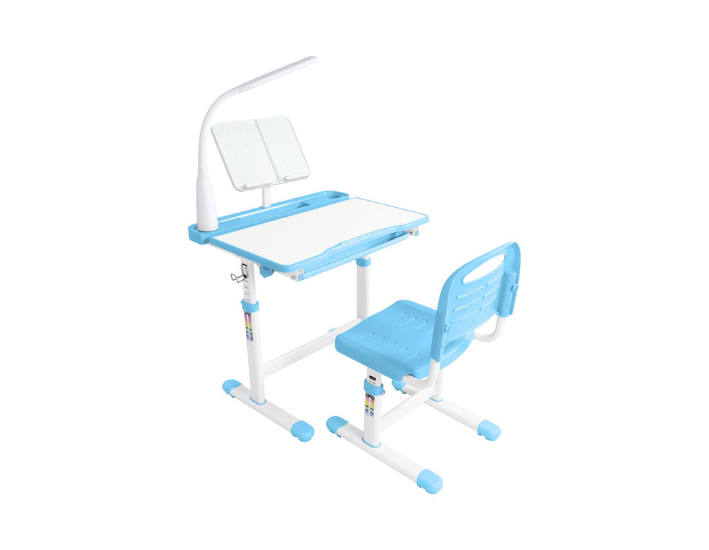 Desk and Chair Set Set with Adjustable Height, 40-Degree Tiltable Children Desktop, LED Light, Bookstand, Blue