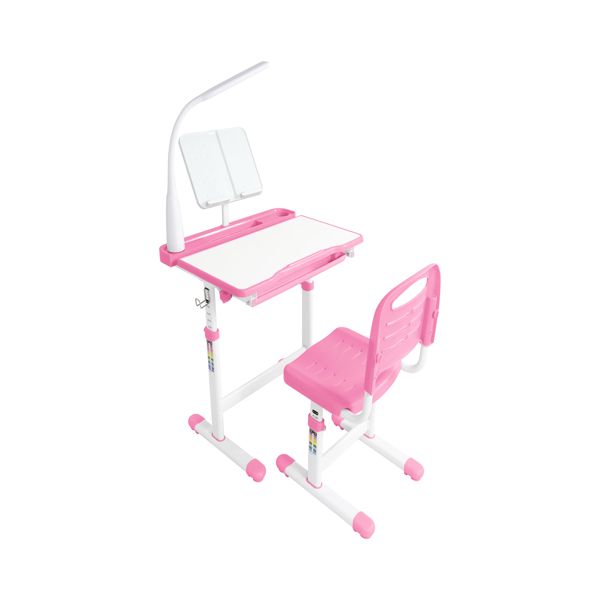 Desk and Chair Set Set with Adjustable Height, 40-Degree Tiltable Children Desktop, LED Light, Bookstand, Pink