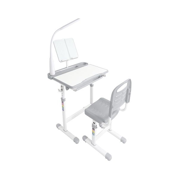 Desk and Chair Set Set with Adjustable Height, 40-Degree Tiltable Children Desktop, LED Light, Bookstand,Grey
