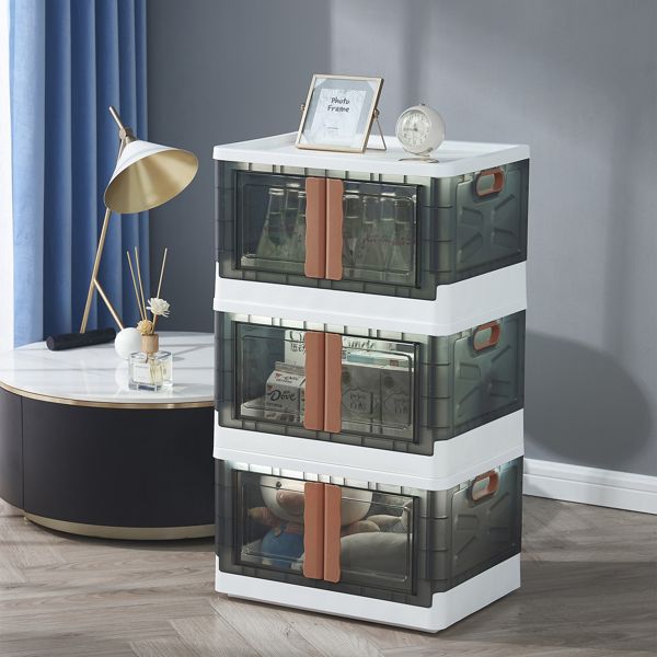 Detachable Folding Plastic Storage Cabinet, Black Trasparent Acrylic Door, White Brown(1pc)