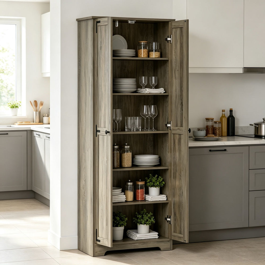 Distressed Gray 67" Tall Farmhouse Food Pantry Freestanding Cabinet with Multi-Level Adjustable Shelves