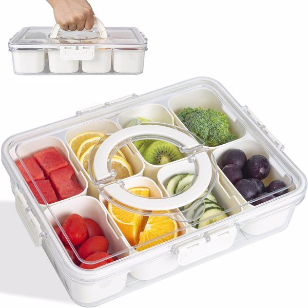 Divided Serving Tray with Lid and Handle, Snackle Box Container, Snack Organizer for Adults Fruit Tray, Veggie Tray, Candy Tray, 8 Compartments Snack Tray for Snacks