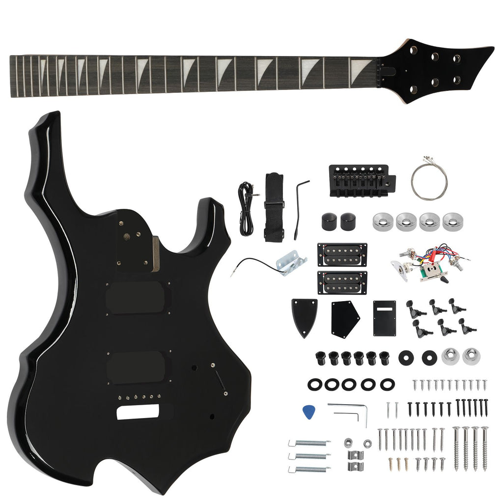 DIY 6 String Flame Shaped Style HSH Electric Guitar Kits with Mahogany Body, Maple Neck and Accessories Black