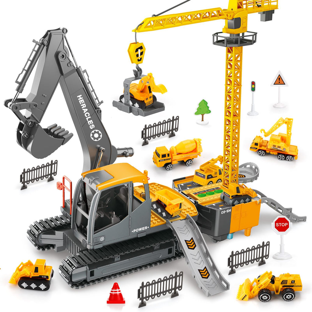 (Do Not Sell on Amazon) Construction Truck Toys for 3 4 5 6 Year Old Boys, Big Excavator Toy Engineering Vehicles with Play Mat, Large Tower Crane, 8 Mini Truck & Road Signs for Toddler Kids RT