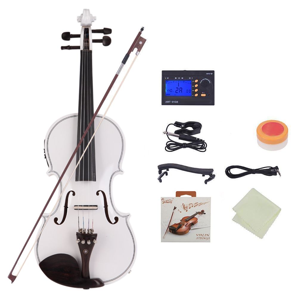 [Do Not Sell on Amazon] GV102 4/4 Solid Wood EQ Violin Case Bow Violin Strings Shoulder Rest Electronic Tuner Connecting Wire Cloth White