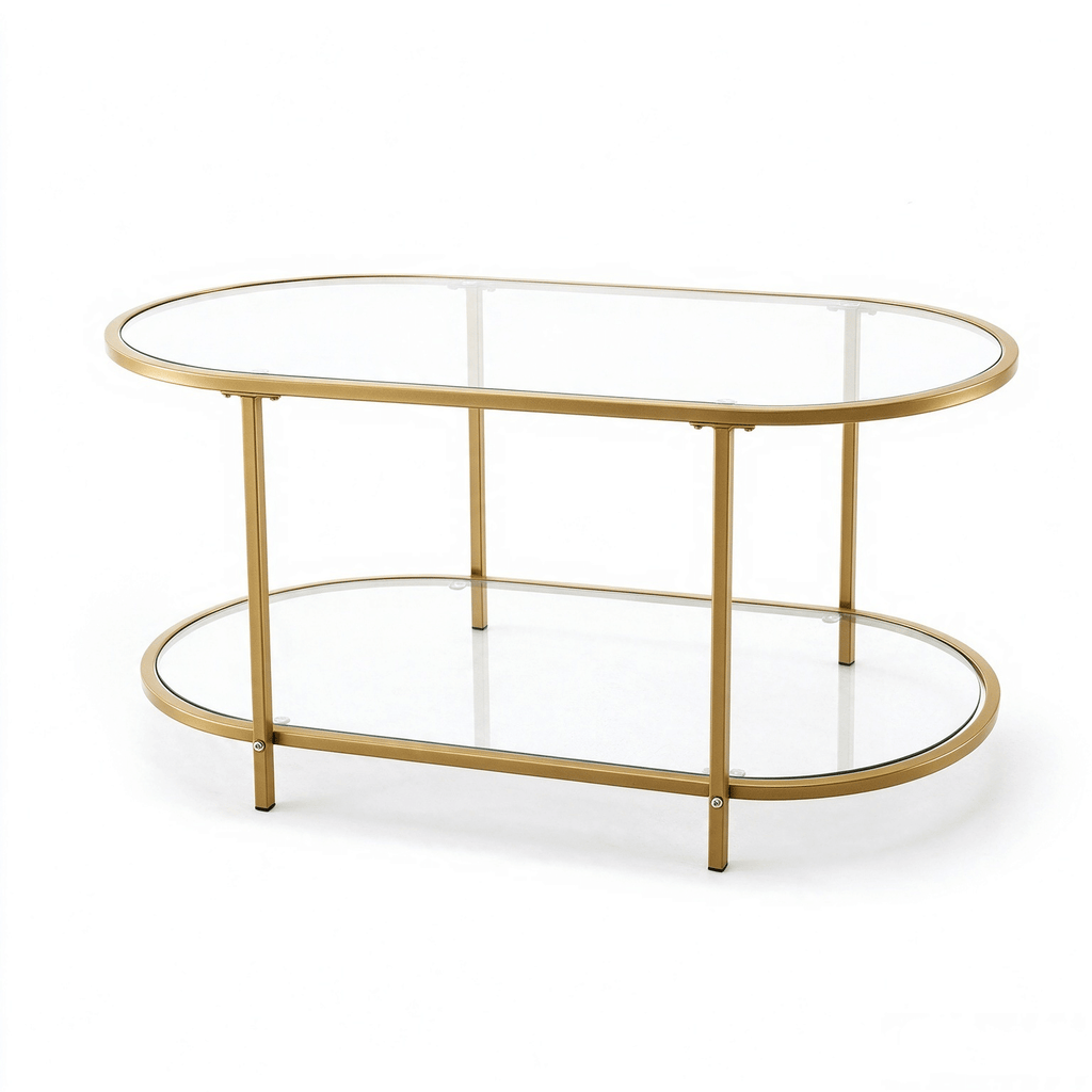 Do Not Sell on Amazon2-Tier Oval Coffee Table, 37.8" x 19.7" x 18.1", Tempered Glass Tabletop & Metal Frame, Champagne Gold