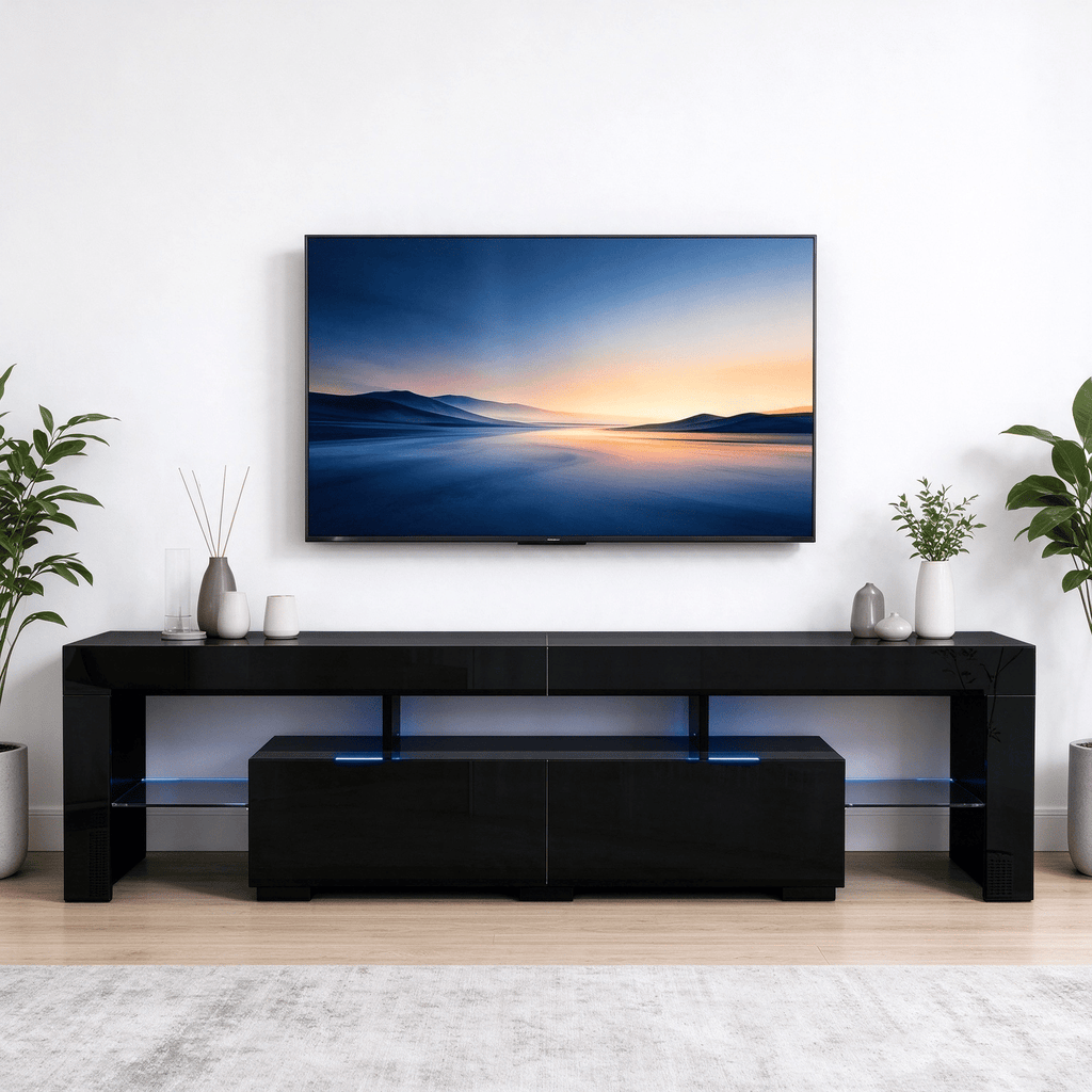 Do Not Sell on AmazonHigh Gloss TV Stand with RGB LED Lights, 61.4" x 13.8" x 15.7", MDF UV Finish, 2 Drawers, Black