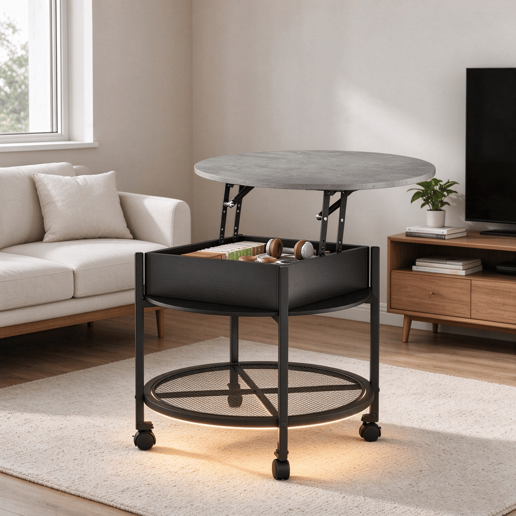 Do Not Sell on AmazonLift Top Round Coffee Table with RGB LED Lights, Mobile Wheels & Hidden Storage, 26.8" x 26.8" x 21.8", Black & Gray