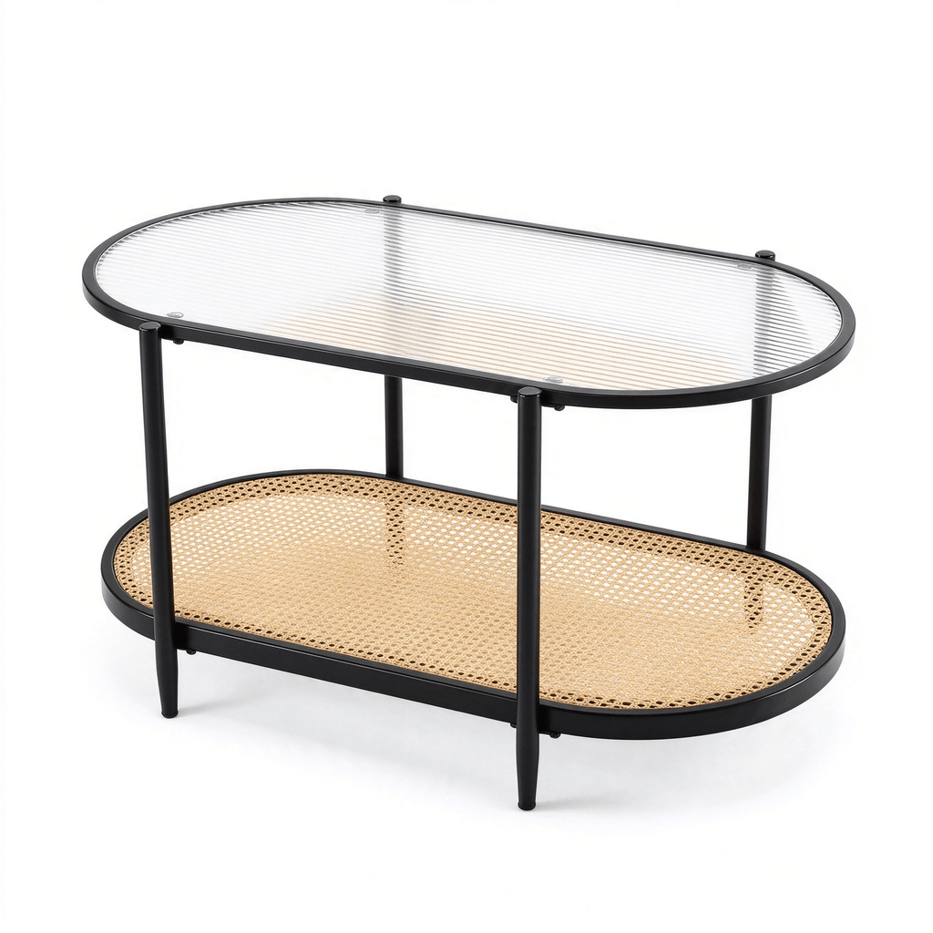 Do Not Sell on AmazonOval 2-Tier Coffee Table, 37.8" x 19.7" x 18.1", Fluted Glass & PE Rattan Shelf, Metal Frame, Black