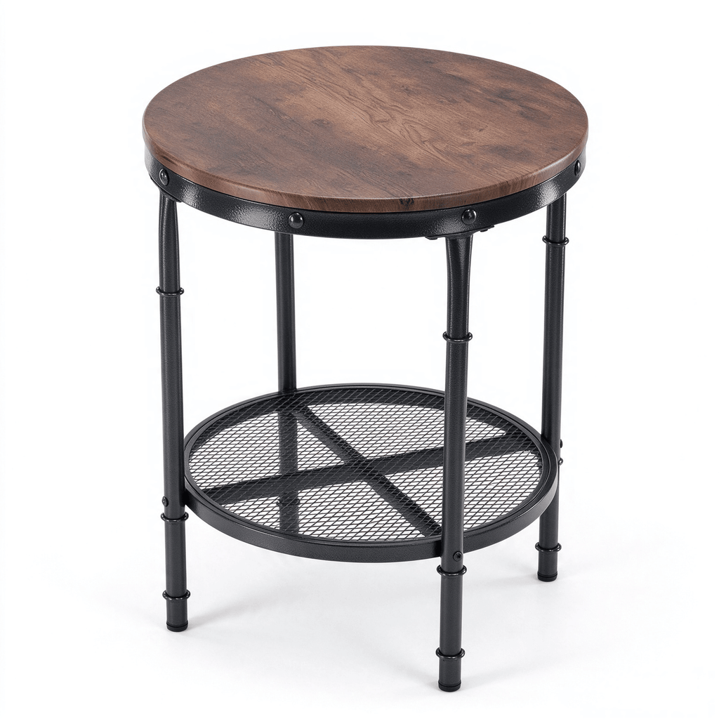 Do Not Sell on AmazonRound 2-Tier Side Table, 19.7" x 19.7" x 24", Melamine MDF & Metal Frame, Brown Fire Wood Grain with Black Veins & Black Silver Floral Powder Coating