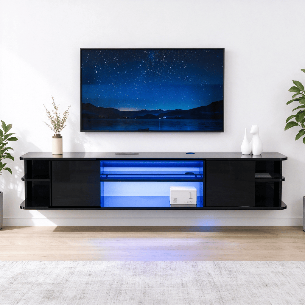 Do Not Sell on AmazonWall Mounted TV Stand, 63" x 11.8" x 11.8", Floating TV Cabinet with 2 Doors, RGB LED Light & 4-Outlet Power Strip, Black UV MDF