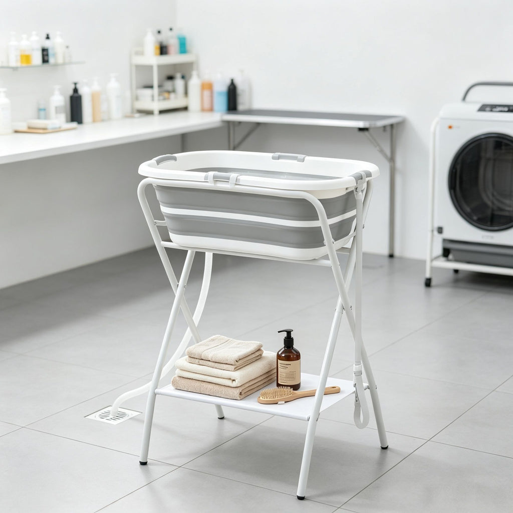Dog Bath Tub for Small Dogs Elevated Foldable Dog Washing Station, with Hose, Storage Shelf, for Puppies