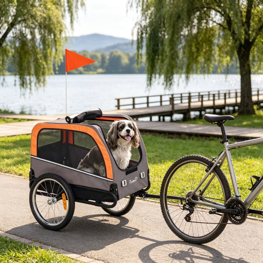 Dog Bike Trailer: Pet Cart Bicycle Carrier with 2 Entrances, Safety Leash, Reflectors & Flag