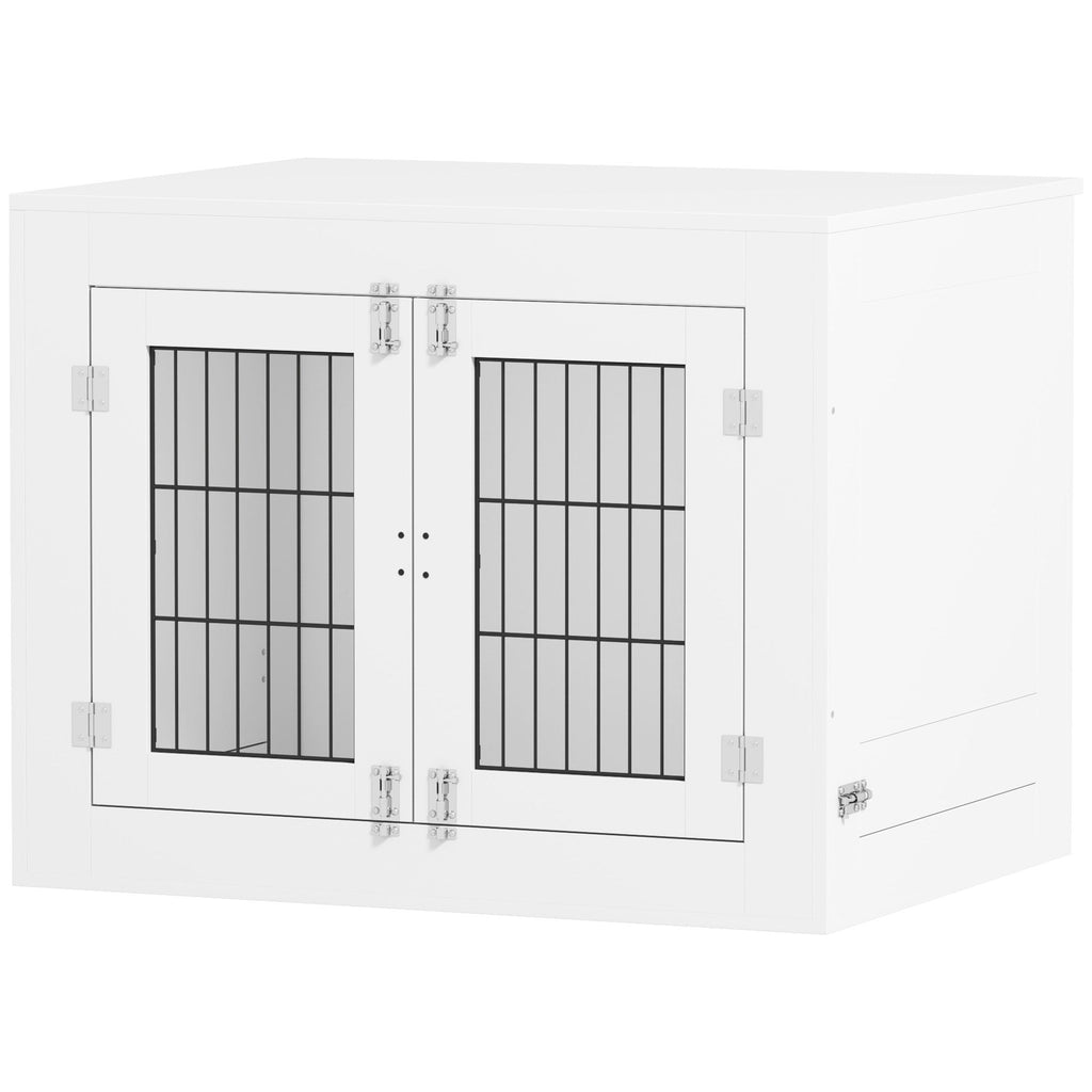 Dog Crate Furniture with 360° Rotatable Removable Dog Bowls, Dog Kennel Furniture for Medium Dogs, White