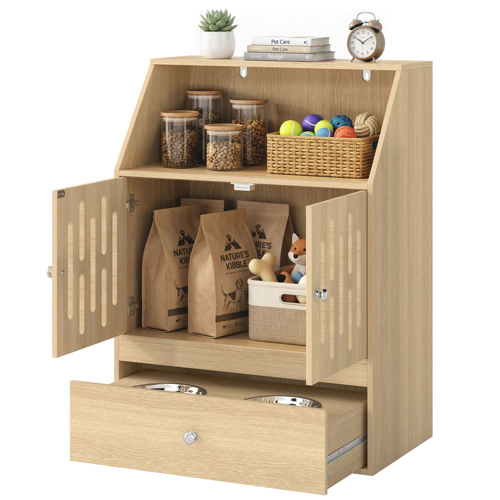 Dog Feeding Station, Pet Food Storage Cabinet with 2 Elevated Bowls & Slow-Feed Mat for Dogs & Cats